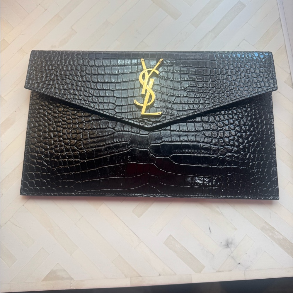 Saint Laurent Uptown Black Croc Embossed Clutch with Gold Logo